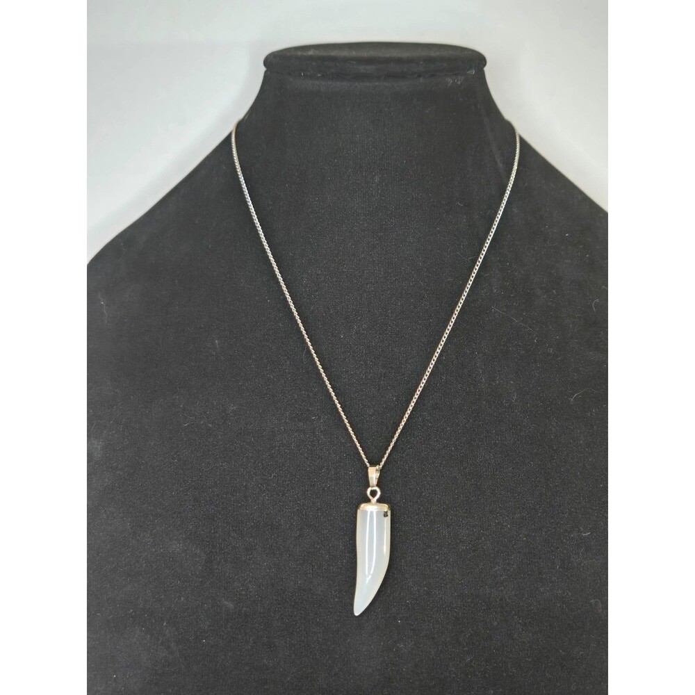 Silver Tone Necklace with Acrylic White Pendant Looks  Like Fang Black Mark
